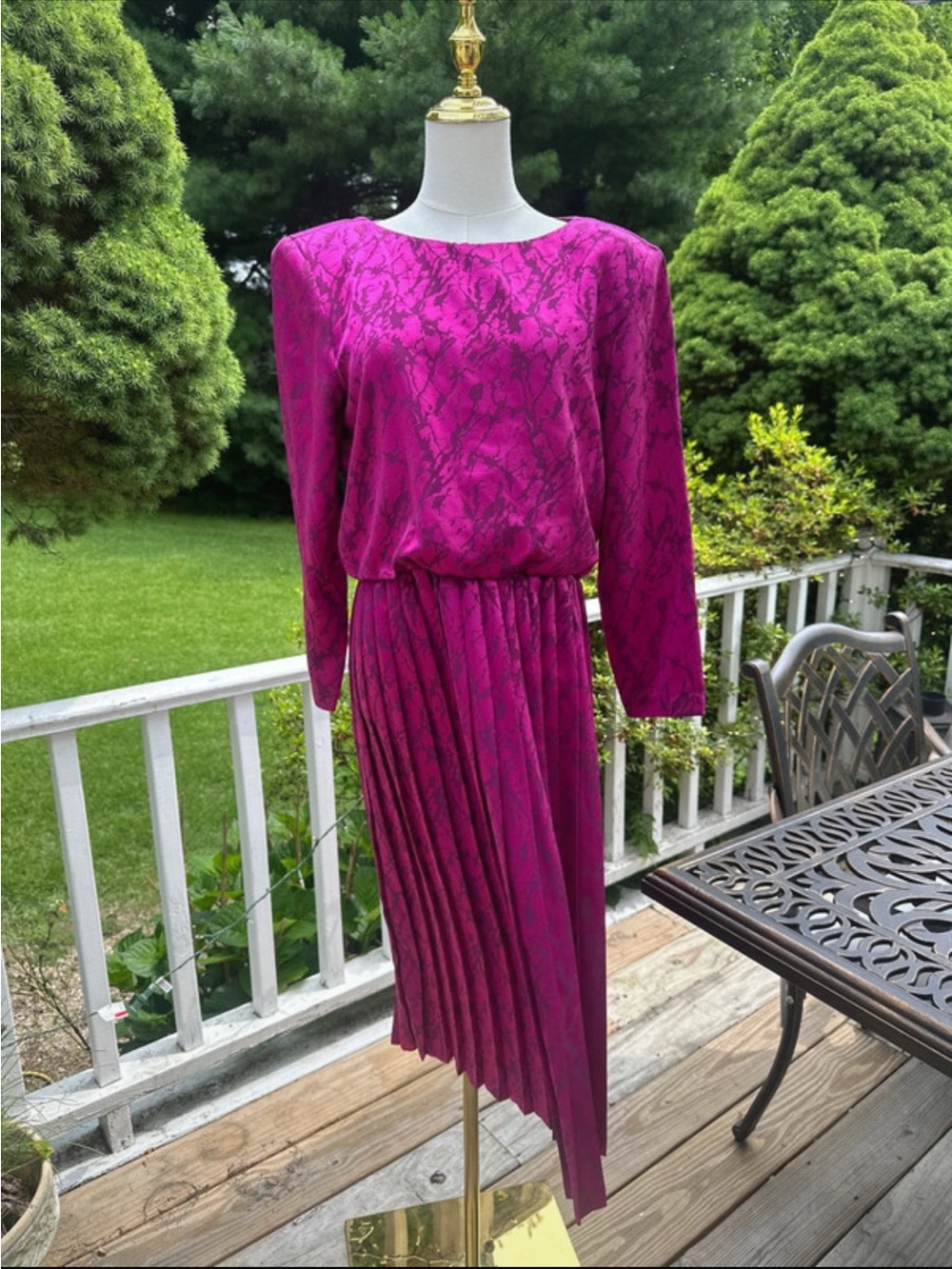 Roberta Bridal Magenta Patterned Long-Sleeve Midi Dress